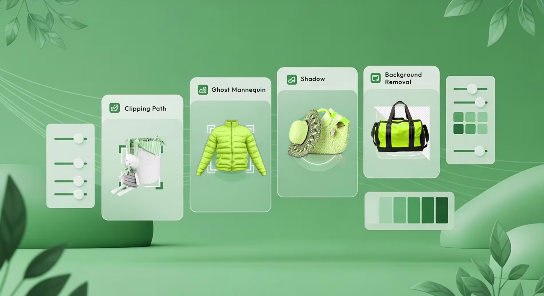 Visual representation of e-commerce photo editing services including Clipping Path, Ghost Mannequin, Shadow, and Background Removal on a green-themed background.