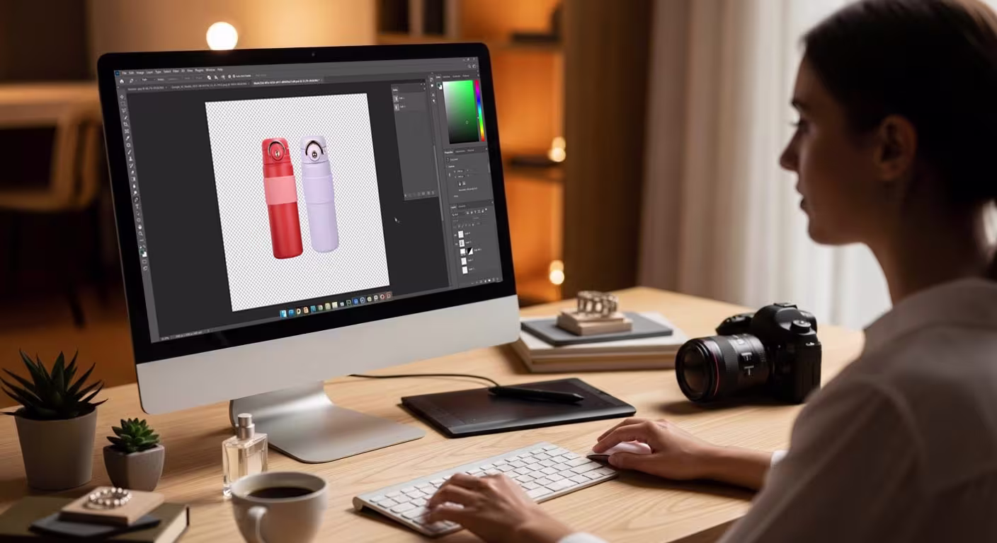 A woman working on product packaging design using image editing software on a desktop computer in a cozy office setting.